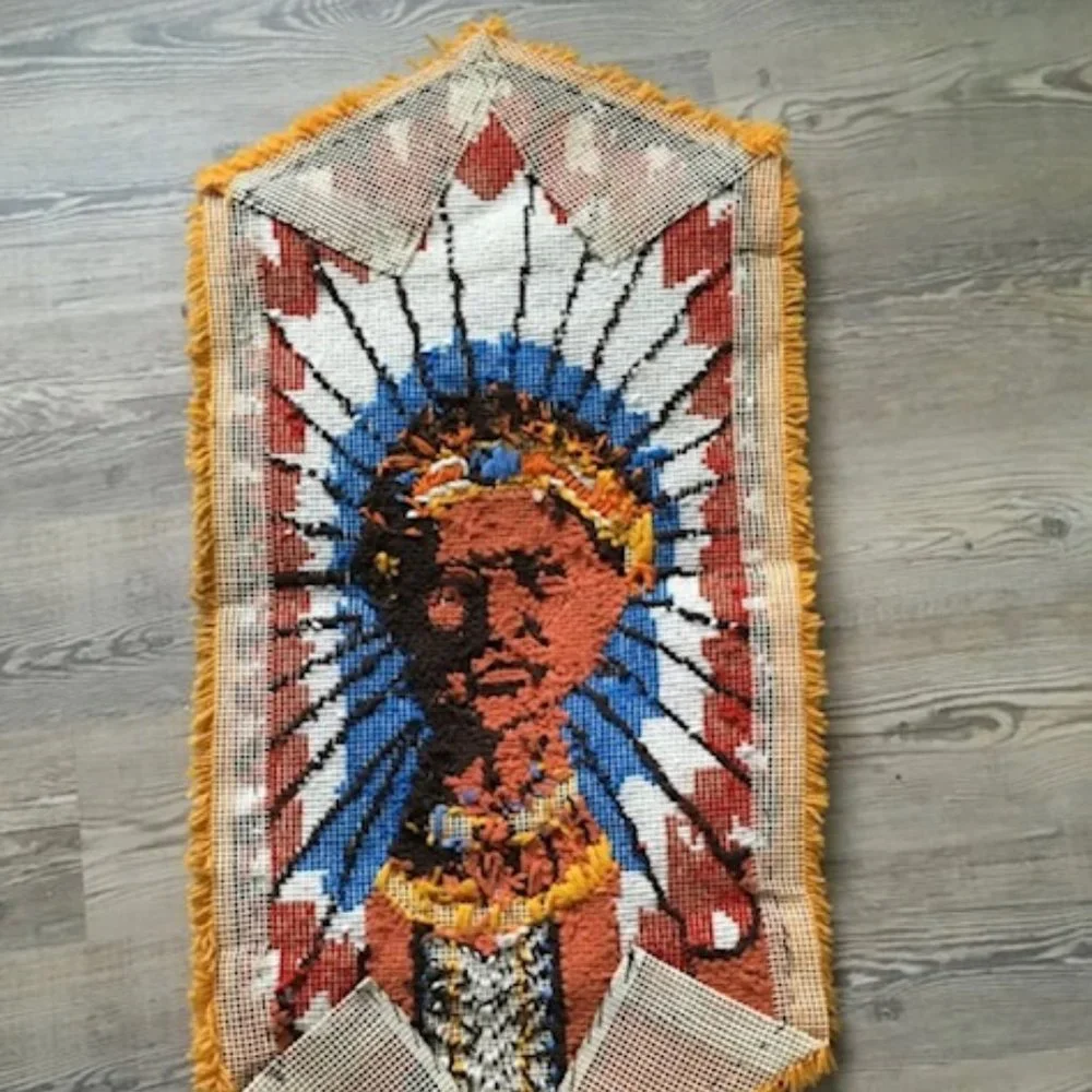 Vintage Native American Indian Chief Tapestry Hanging Rug Hand Embroidered